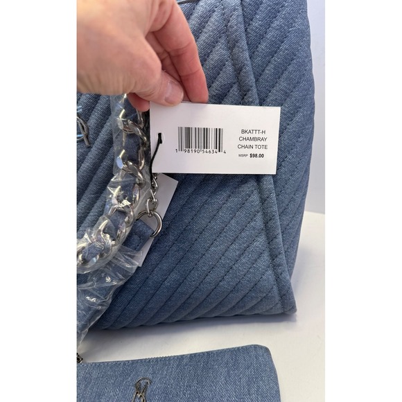 Steve Madden Bkattt-H Quilted Large Chain Tote Bag With Pouch Denim Blue - Picture 3 of 16